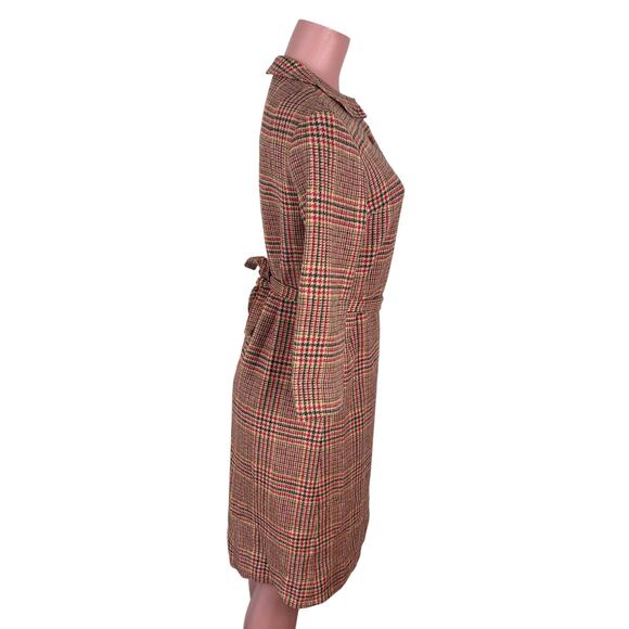 VINTAGE Dress *no label* modern size 6 or 8 houndstooth plaid red tan wool - Picture 4 of 11